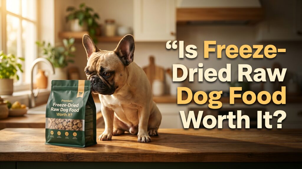 French Bulldog sitting next to Dr. Marty Nature's Blend Dog Food
