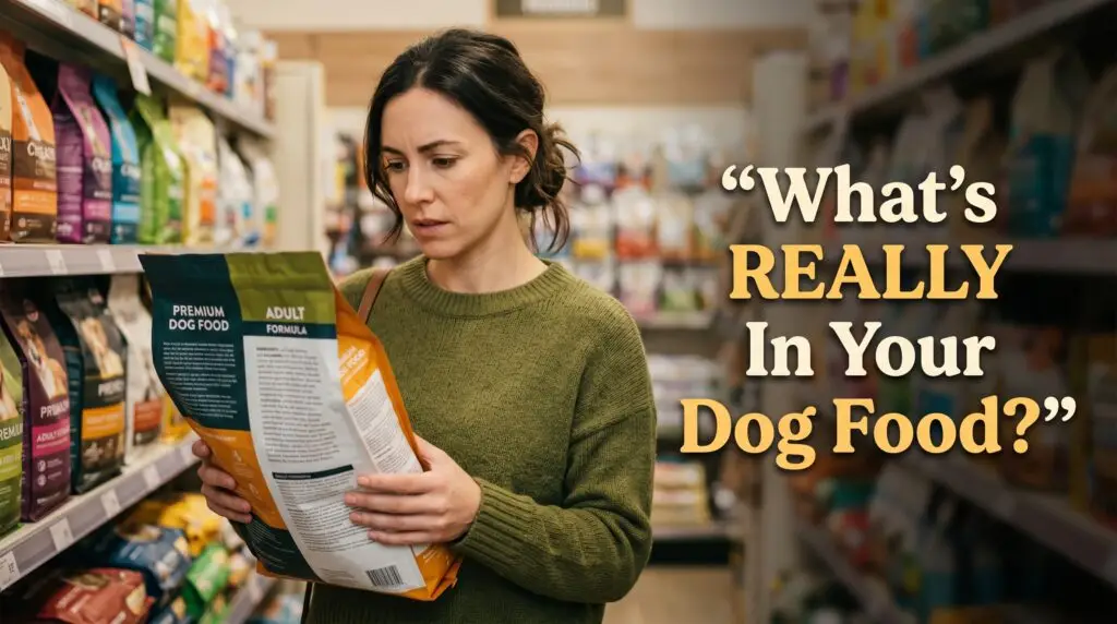 Dog owner reading dog food ingredient label in pet store aisle. complete guide to dog food brands to avoid.