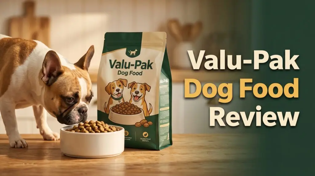 Valu Pak dog food bag next to a dog bowl on a wooden surface